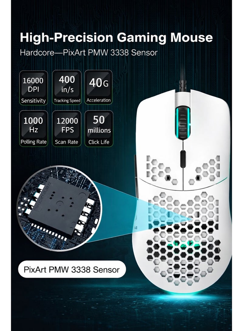 A-jazz AJAZZ AJ390 Ultra-Light Gaming Mouse, 16000 DPI RGB Honeycomb Wired Mouse, 69g Lightweight, PAW3338 Sensor, 7 Programmable Buttons - Image 3